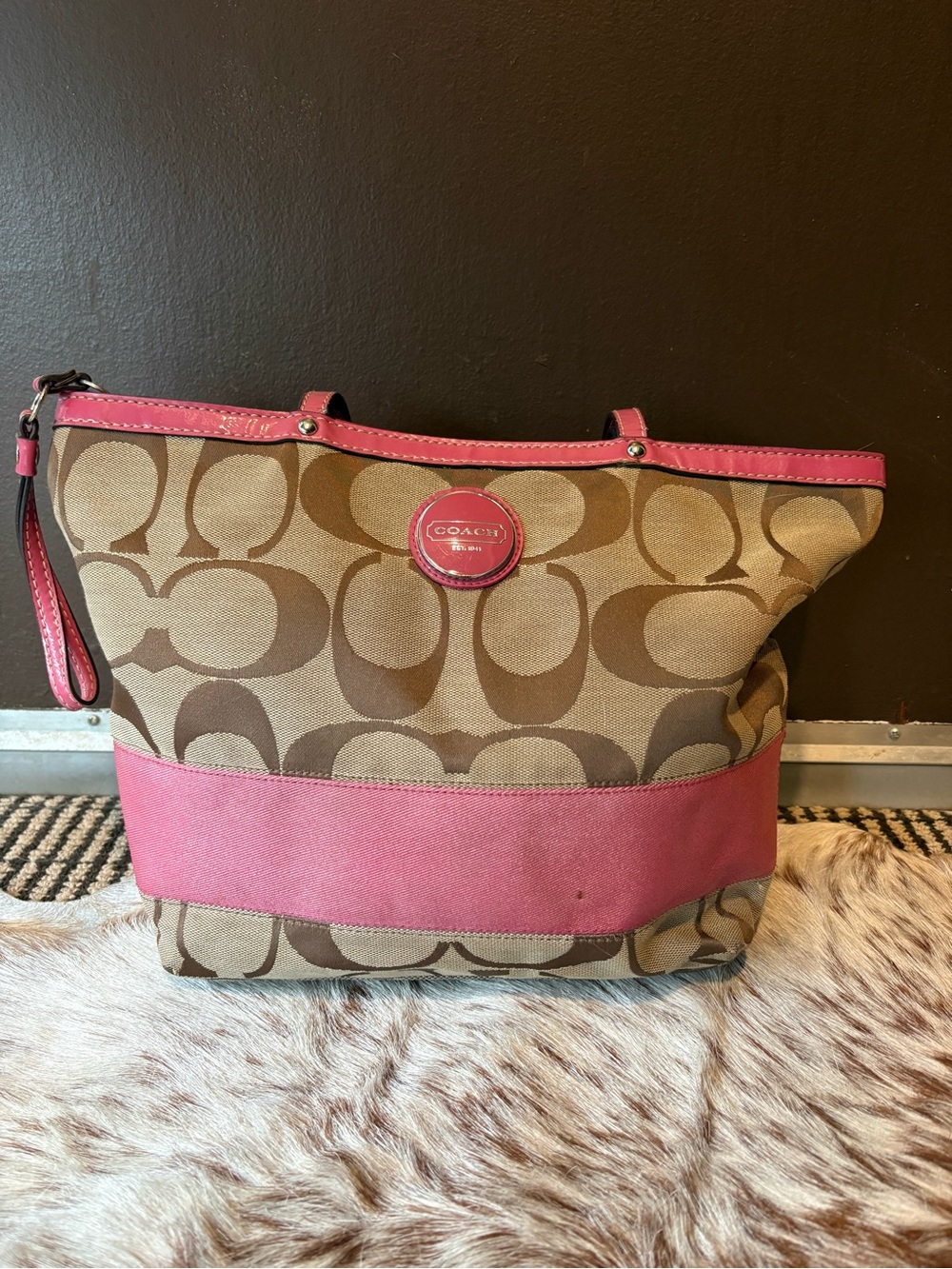 Coach Brown Signature Canvas Shoulder Bag with Pink Trim